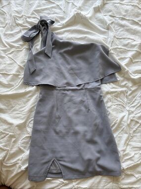 One-Shoulder Grey Cocktail Dress with Tie Detail